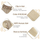 Full Head Clip In 100% Human Hair Extensions Balayage Brown With Blonde Nordic #18/22/60