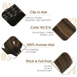 Seamless Clip In Double Weft Hair Extensions Balayage Medium Brown mix Darkest Brown #2/2/6
