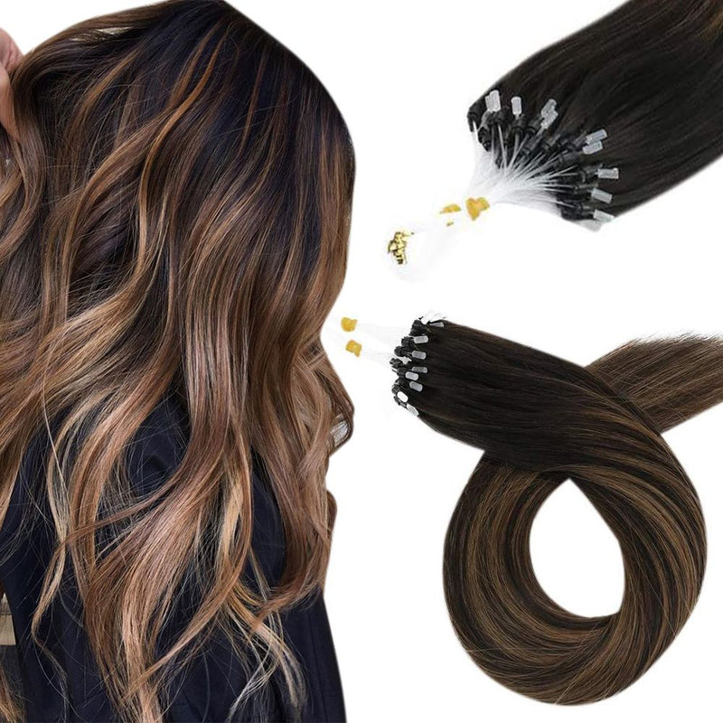 Pre Bonded Micro Ring 100% Real Human Hair Darkest Brown Balayage Medium Brown Highlight #2/6/2