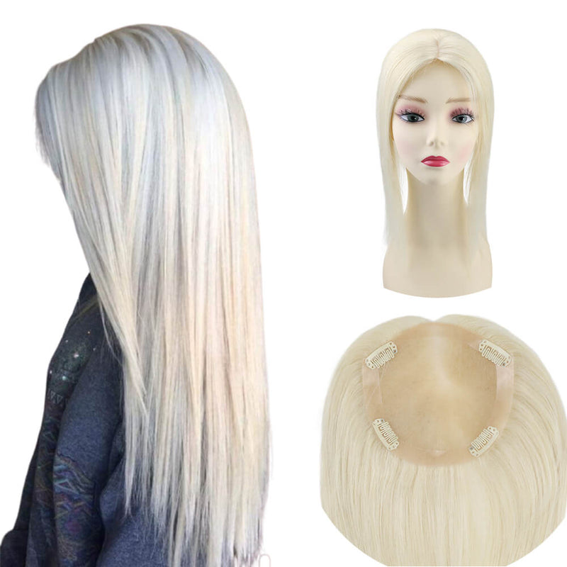 [150% Density] Hair Topper with Clips Human Hair Lightest Blonde #60