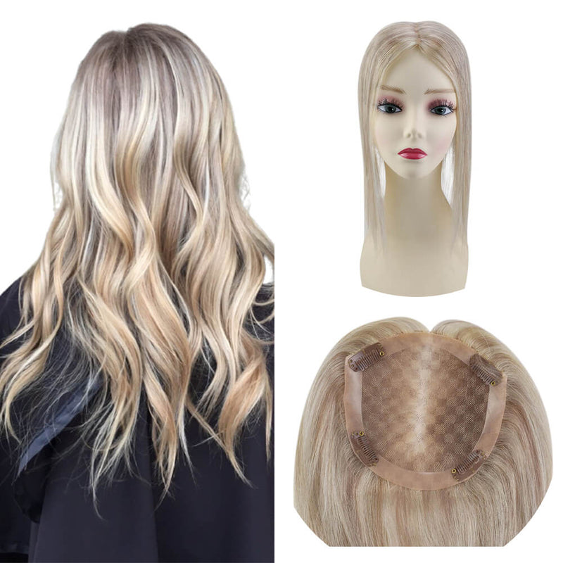 [150% Density] Hair Topper Remy Toupee with Clips Highlights Blonde #18/613
