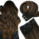 Seamless Clip In Double Weft Hair Extensions Balayage Medium Brown mix Darkest Brown #2/2/6