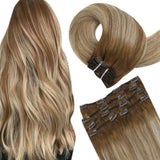Clip In Double Weft Hair Extensions Balayage Medium Brown Highlight Lightest Blonde #6/60/6