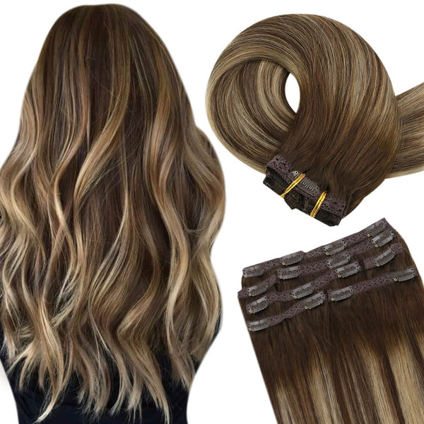 Full Head Double Weft Clip In Hair Extensions Balayage Brown Highlight Blonde #4/27/4