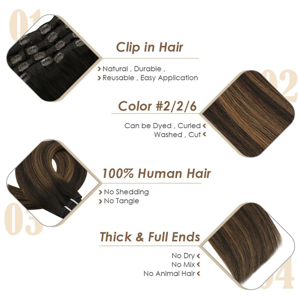 Seamless Clip In Double Weft Hair Extensions Balayage Medium Brown mix Darkest Brown #2/2/6