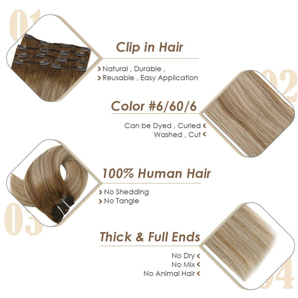 Clip In Double Weft Hair Extensions Balayage Medium Brown Highlight Lightest Blonde #6/60/6