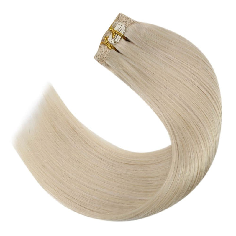 Full Head Clip in Double Weft Human Hair Extensions Lightest Blonde #60