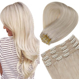 Full Head Clip in Double Weft Human Hair Extensions Lightest Blonde #60