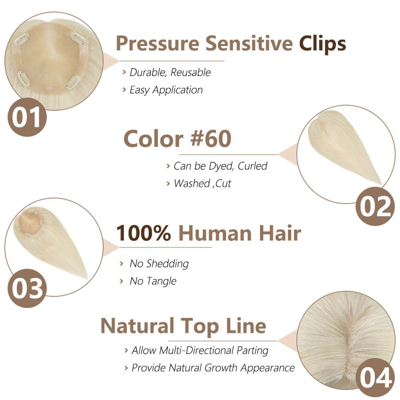 [150% Density] Hair Topper with Clips Human Hair Lightest Blonde #60